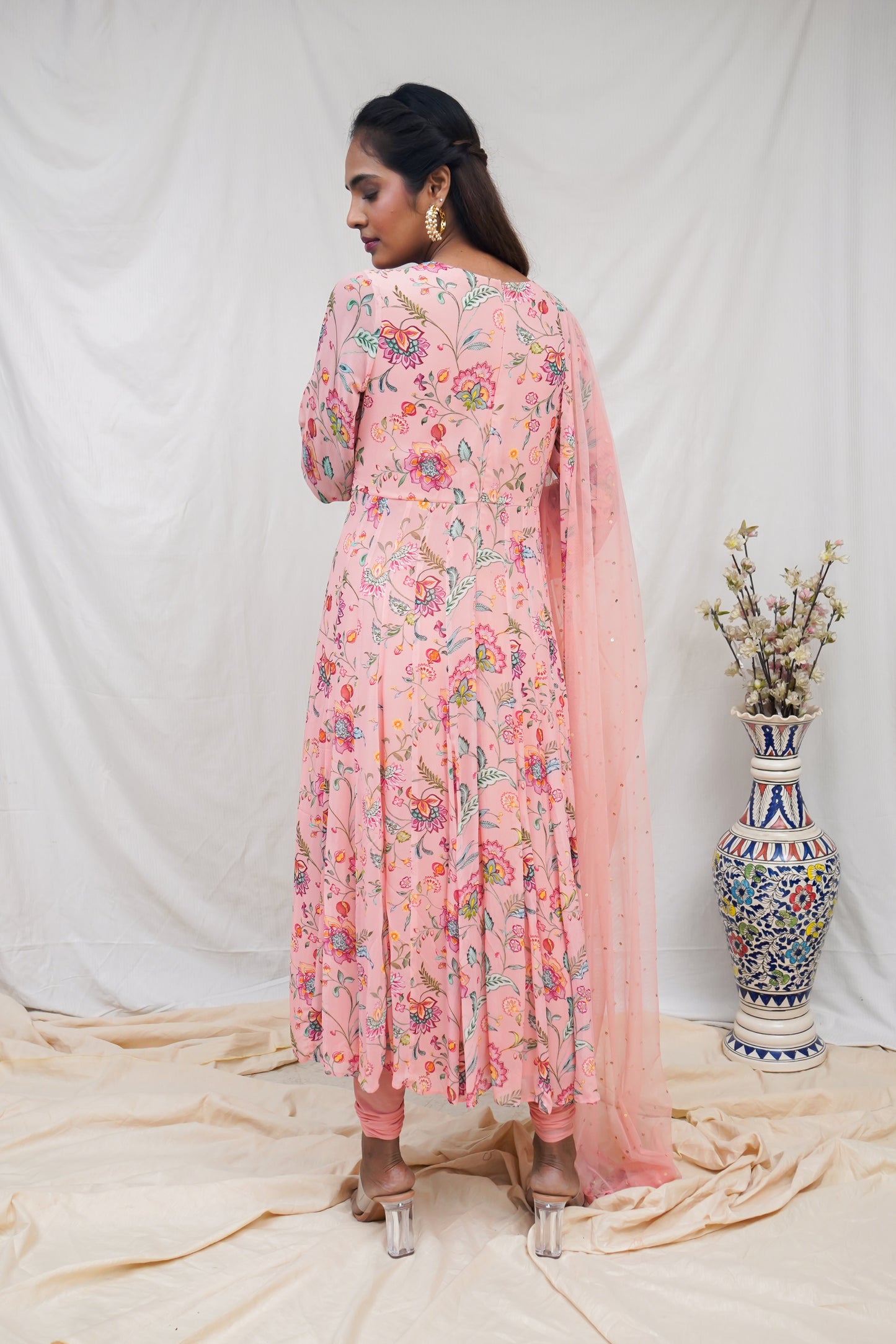 Dusty peach anarkali set with an embroidered neckline and dupatta