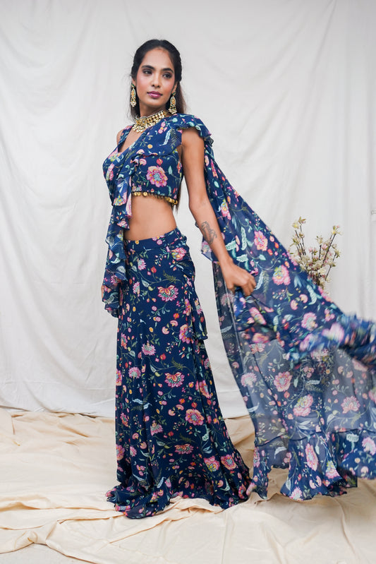 Navy blue pre pleated sari and printed blouse with an embellished hem