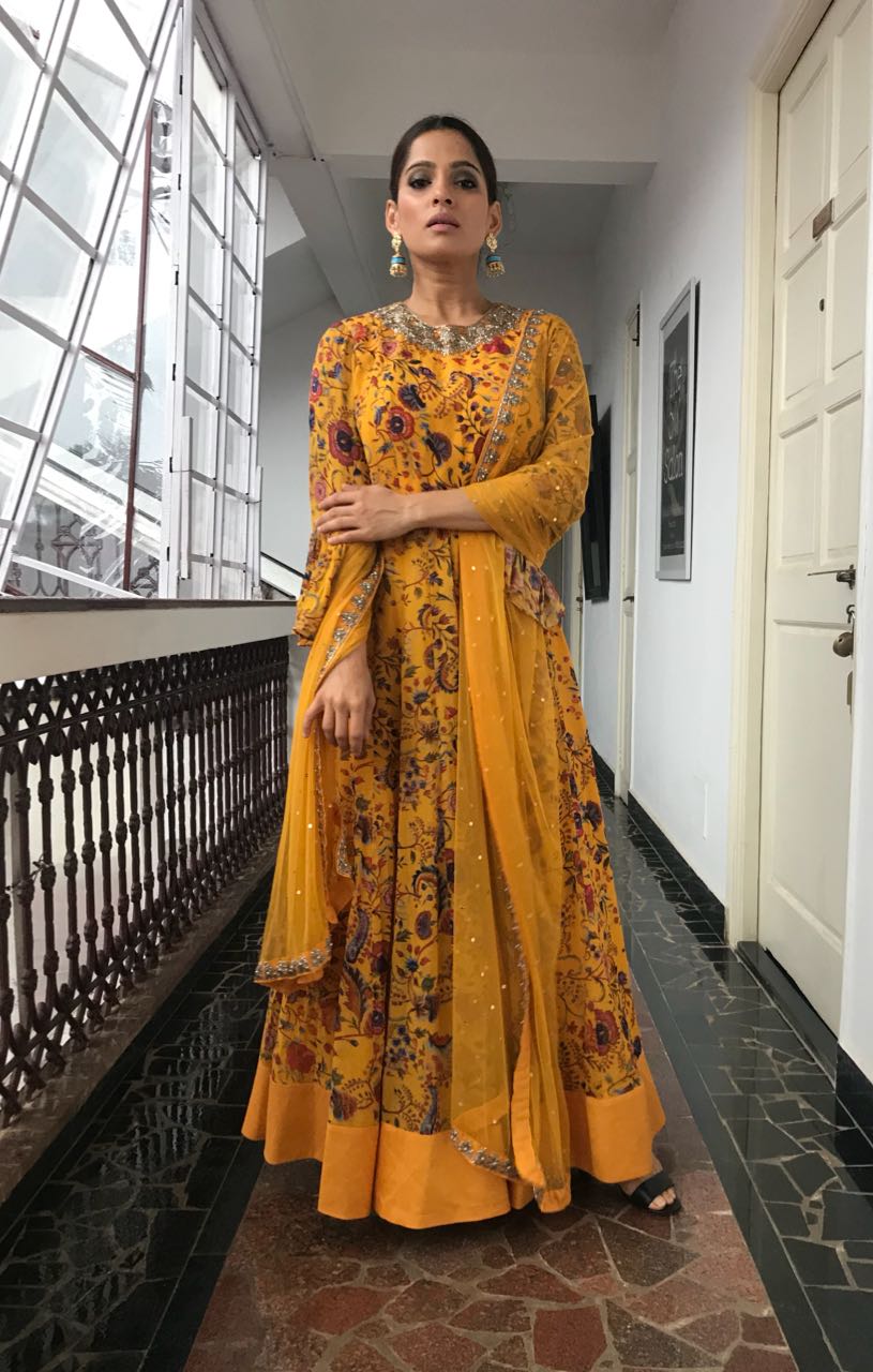 Floral printed mustard yellow ruffle anarkali