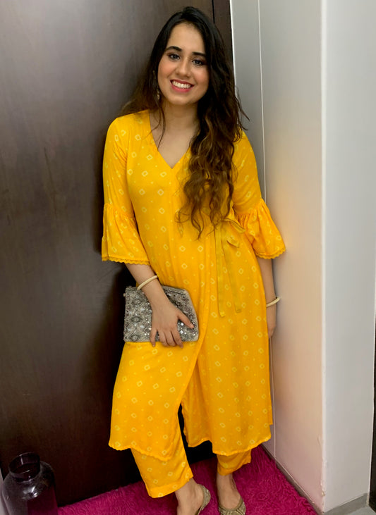 Sunny yellow floral and polka dot printed wrap around kurta and pyjama