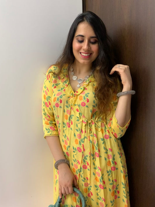 Butter yellow floral printed wrap around kurta and pyjama