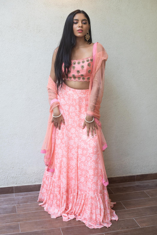 Baby pink floral printed skirt with a hand embroidered blouse and dupatta