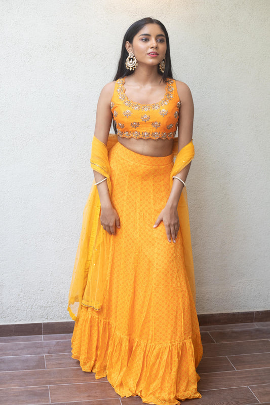 Yellow orange geometric floral lehenga