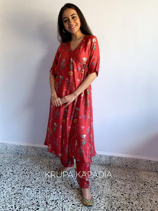 Red wrap around kurta and pyjama