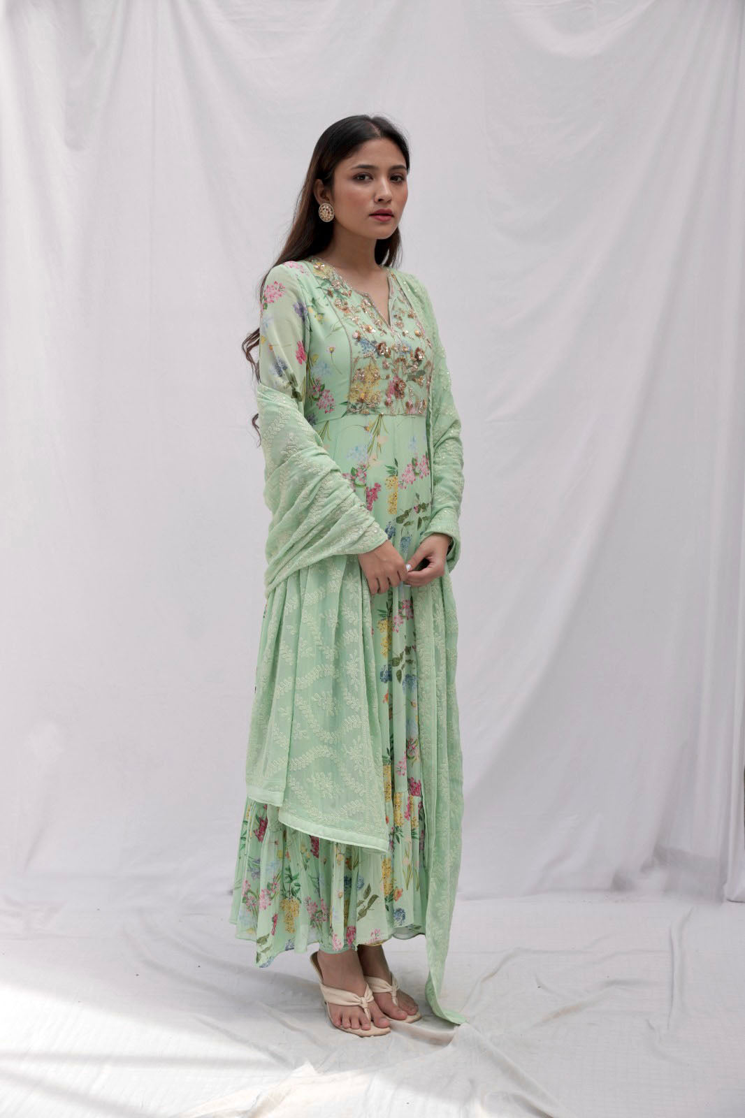 Mint green floral printed anarkali set with a hand embroidered yoke and dupatta