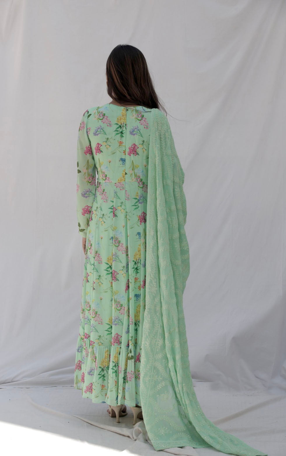 Mint green floral printed anarkali set with a hand embroidered yoke and dupatta