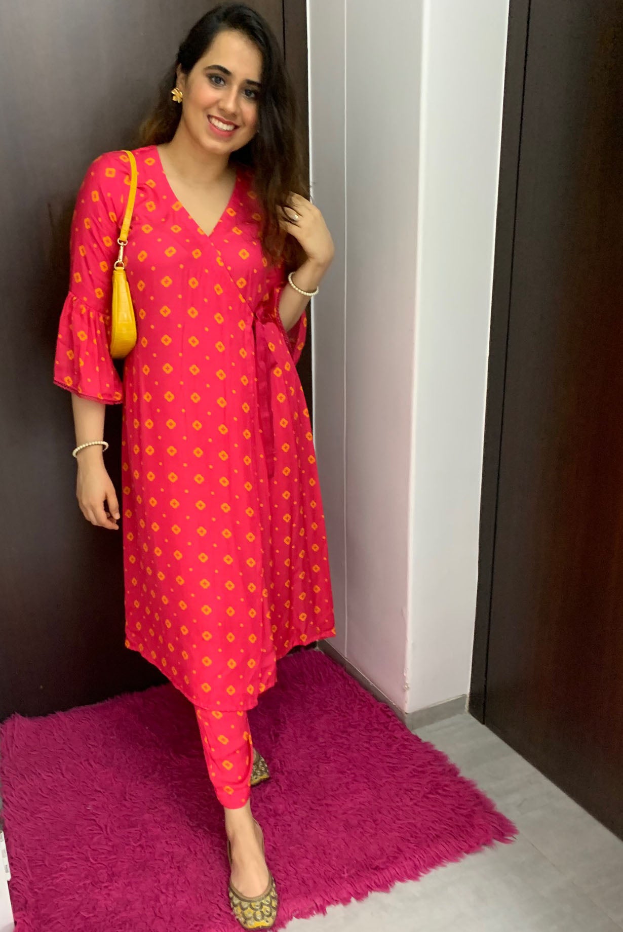 Hot pink floral and polka dot printed wrap around kurta and pyjama