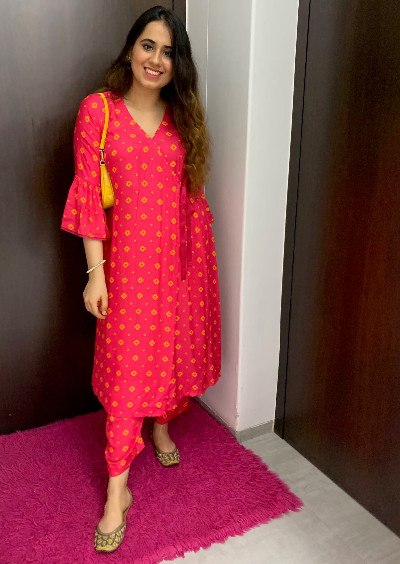 Hot pink floral and polka dot printed wrap around kurta and pyjama