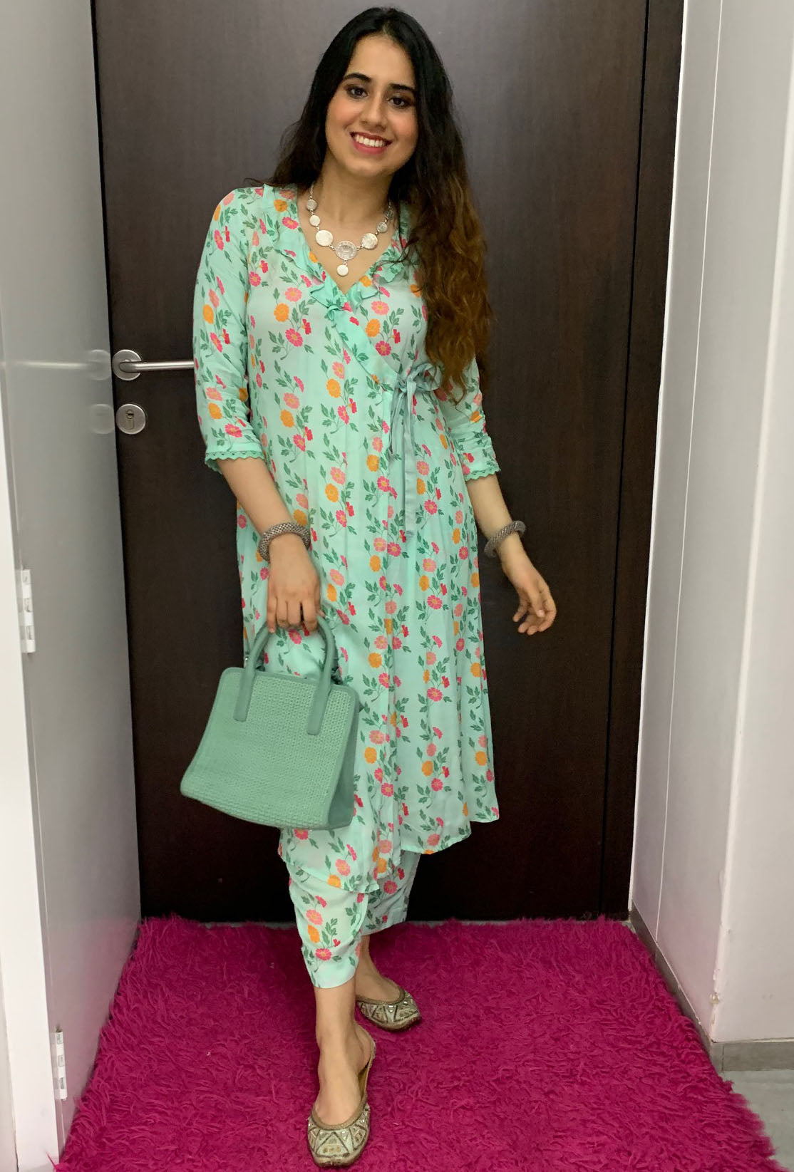 Ice blue floral printed wrap around kurta and pyjama