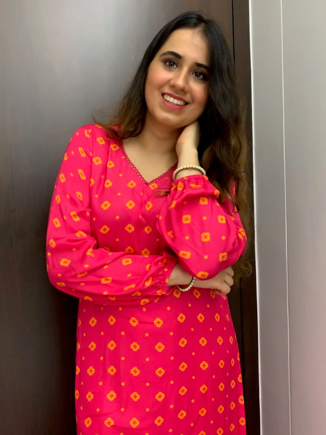 Hot pink floral and polka dot printed V neck kurta and pyjama set