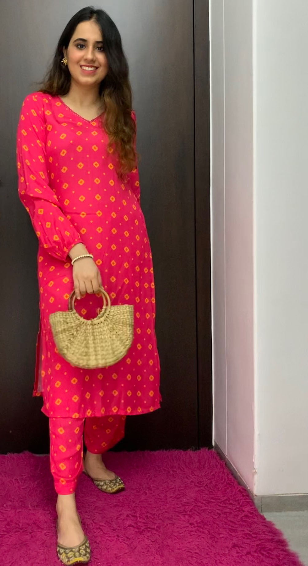 Hot pink floral and polka dot printed V neck kurta and pyjama set