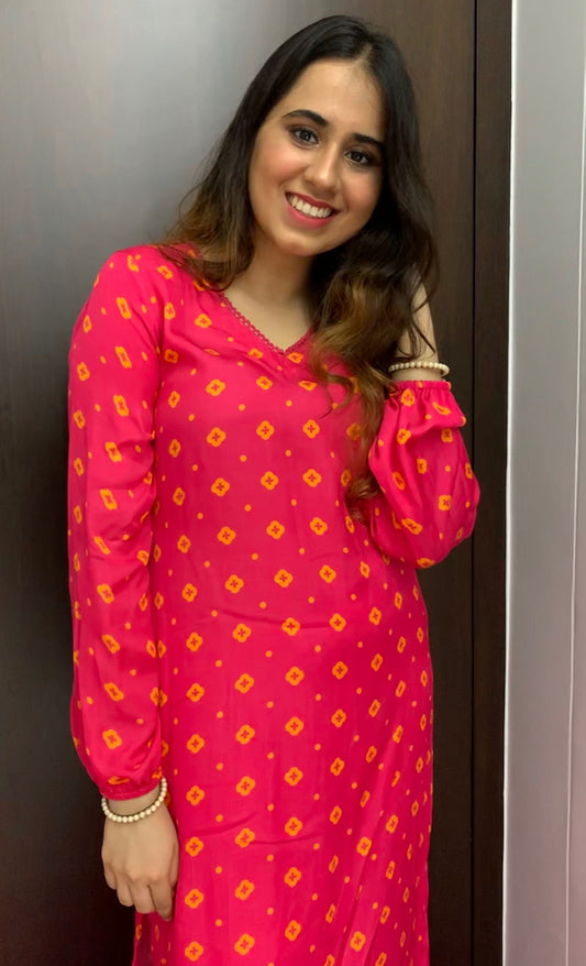 Hot pink floral and polka dot printed V neck kurta and pyjama set