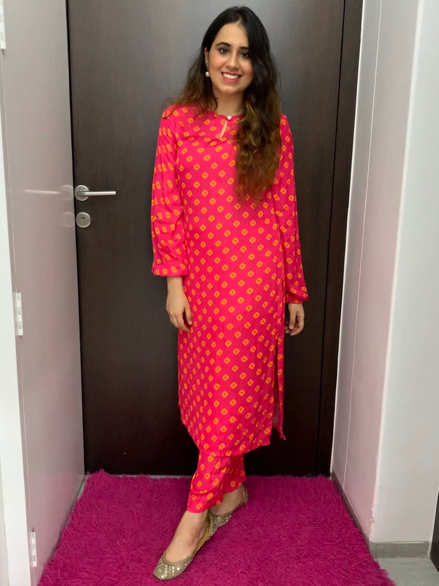 Hot pink floral printed straight kurta and pyjama