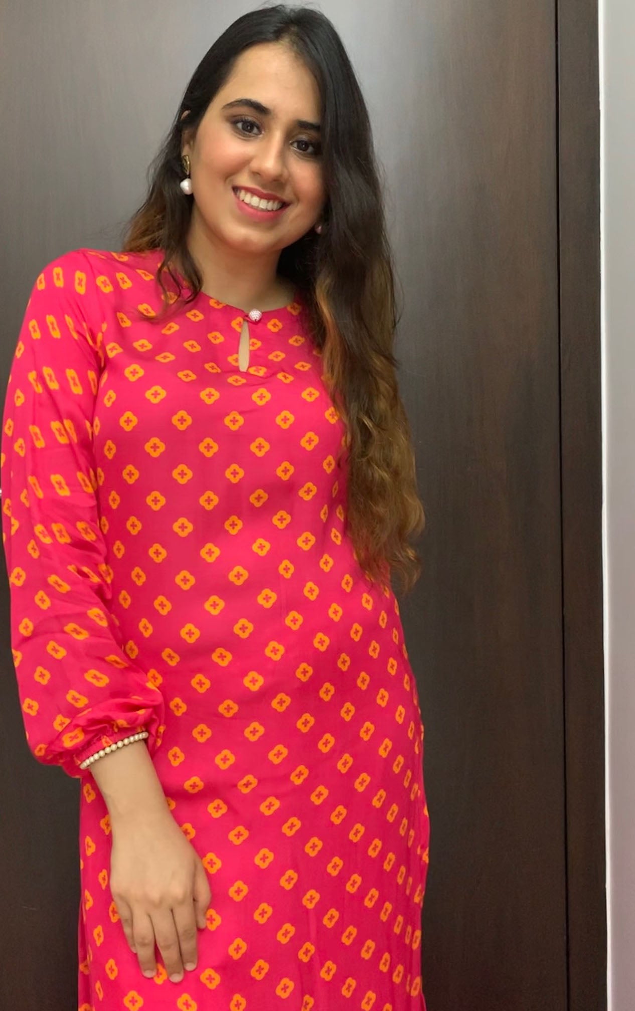 Hot pink floral printed straight kurta and pyjama