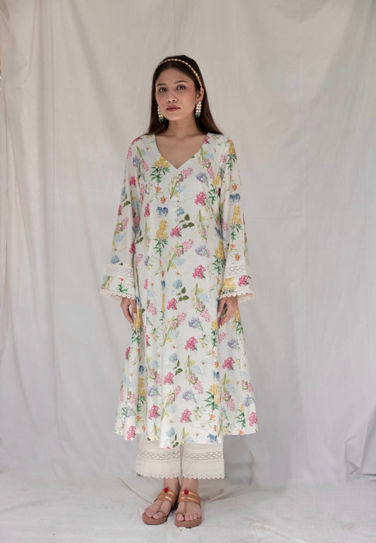 Floral printed ivory kurta & pyjama