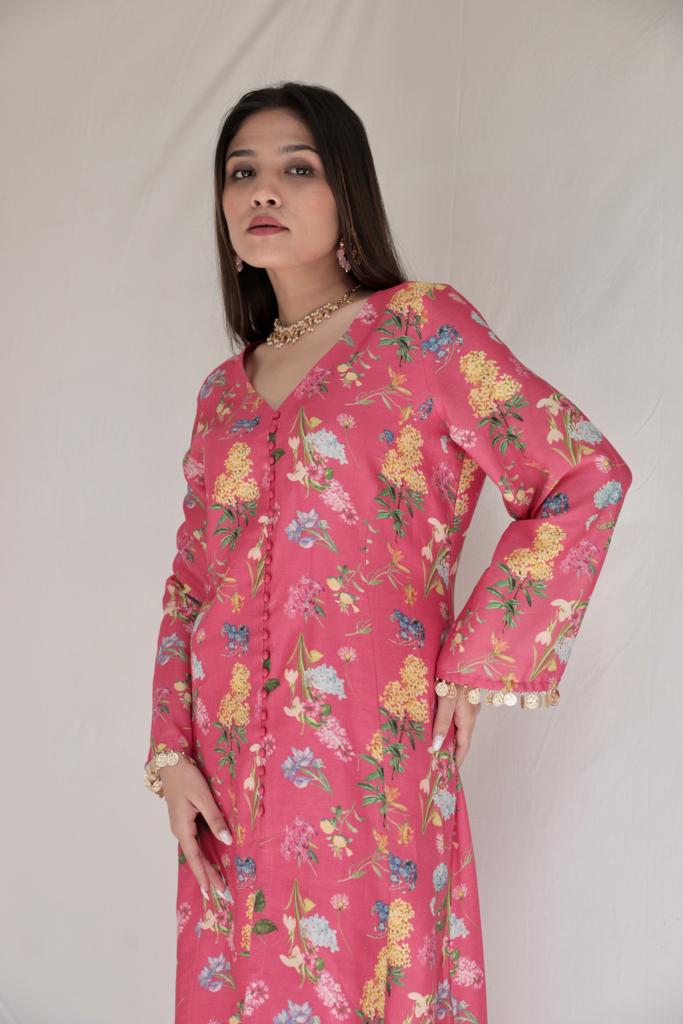 Floral printed carrot red kurta set with gold coin detailing and a cutwork dupatta