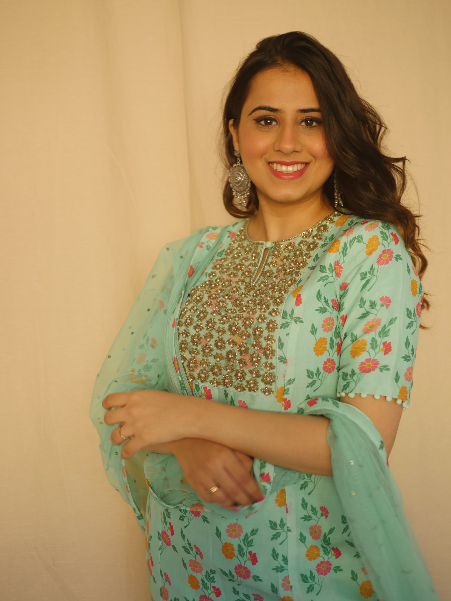 Aqua floral printed kurta with a hand embroidered yoke, pyjama and dupatta