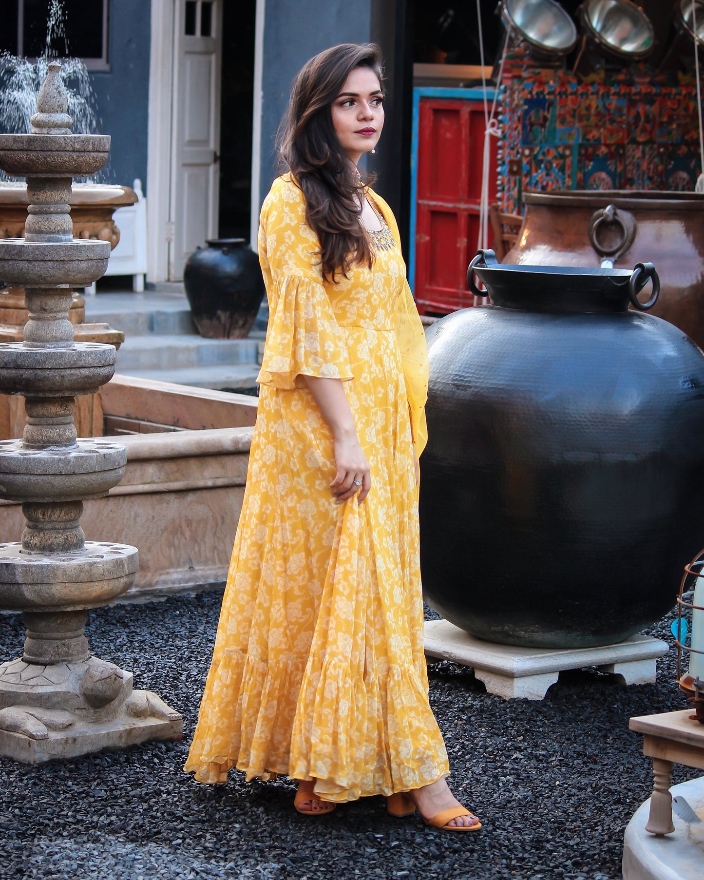 Fashion Blogger- Heena Somani : Yellow white floral printed ruffle anarkali