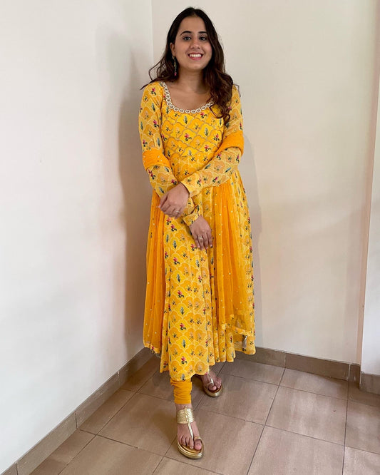 Yellow floral printed anarkali set with an embellished bodice