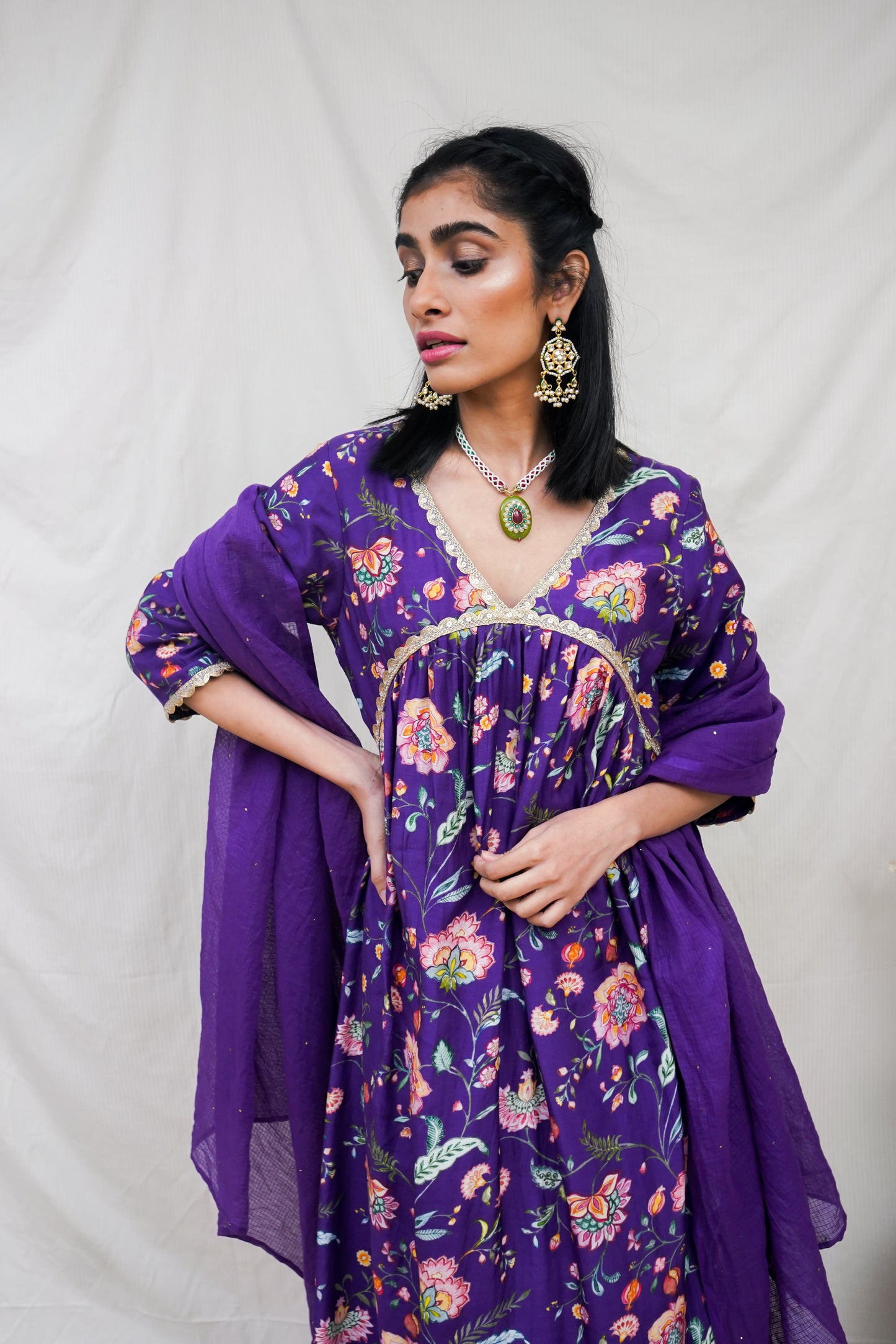 Deep purple embellished and gathered kurta, pyjama and dupatta