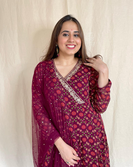 Wine red floral printed wrap anarkali with hand embroidery detailing