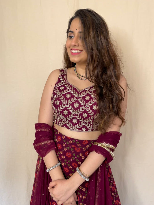 Wine red floral printed and hand embroidered lehenga set