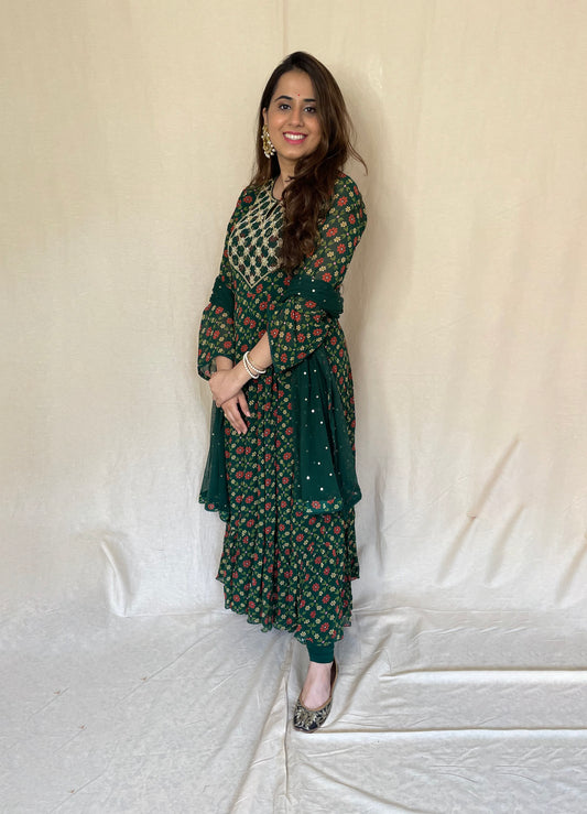 Bottle green floral printed anarkali with a hand embroidered yoke, dupatta and churidaar