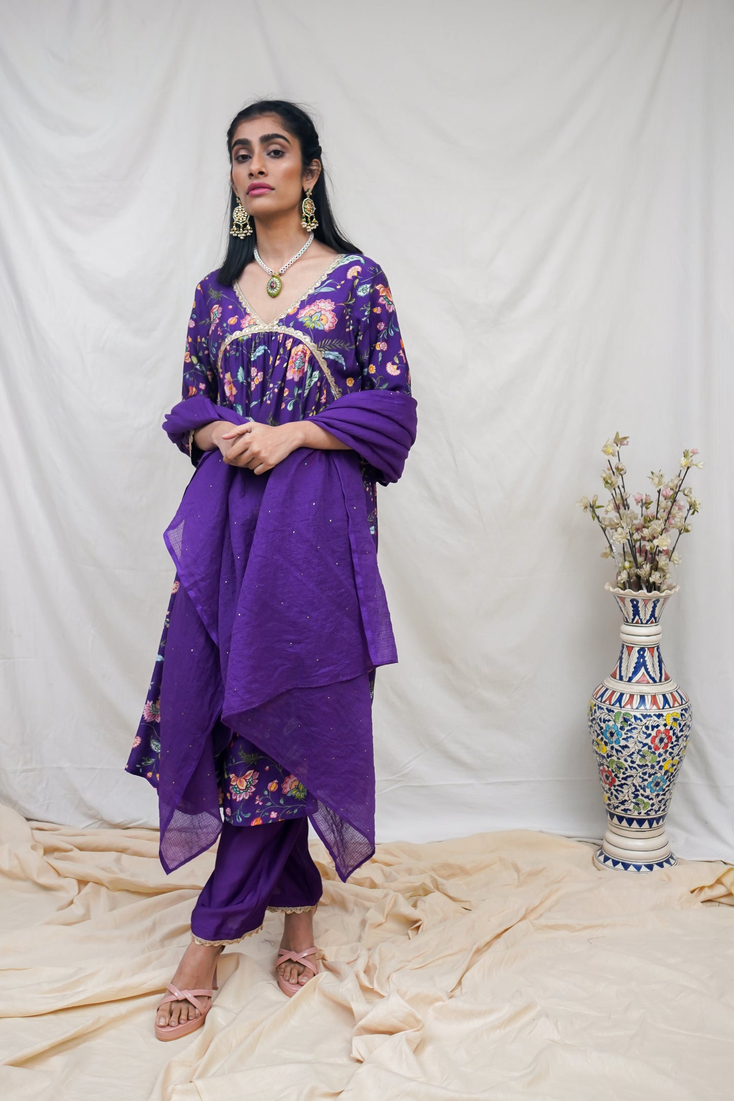 Deep purple embellished and gathered kurta, pyjama and dupatta