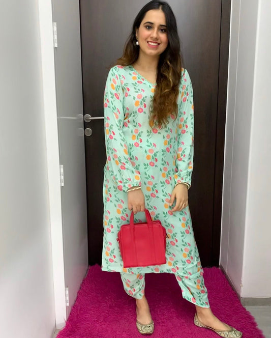 Aqua floral printed kurta and pyjama