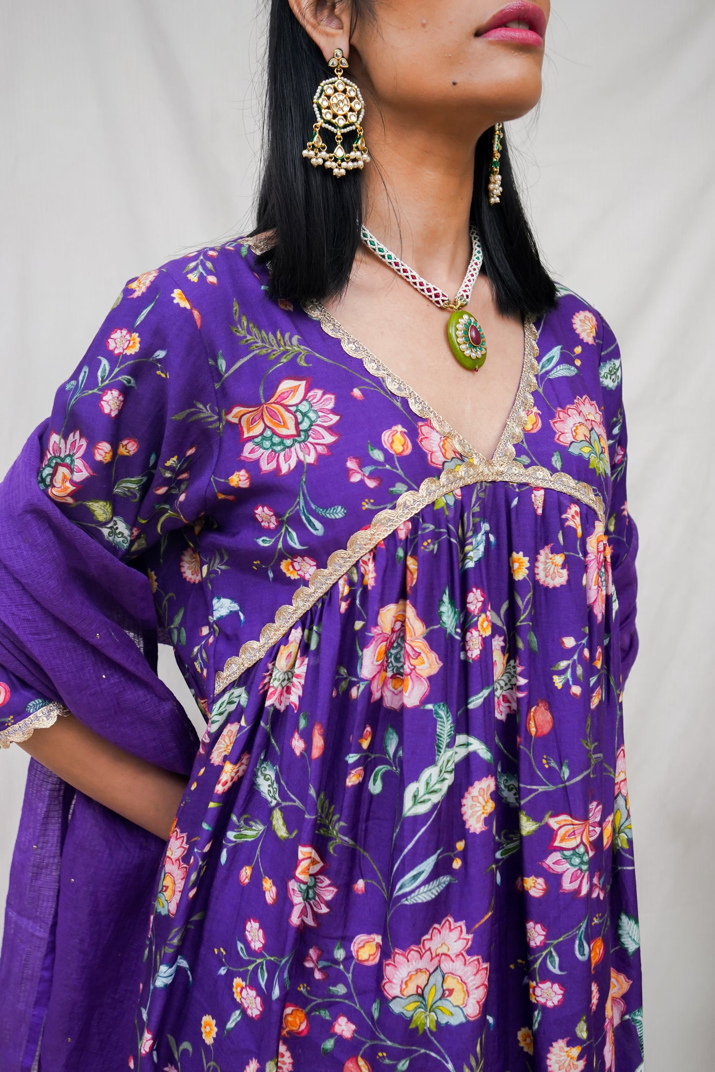 Deep purple embellished and gathered kurta, pyjama and dupatta