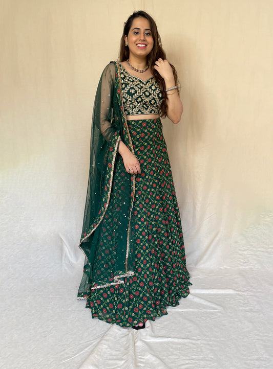 Bottle green floral printed and embroidered lehenga set