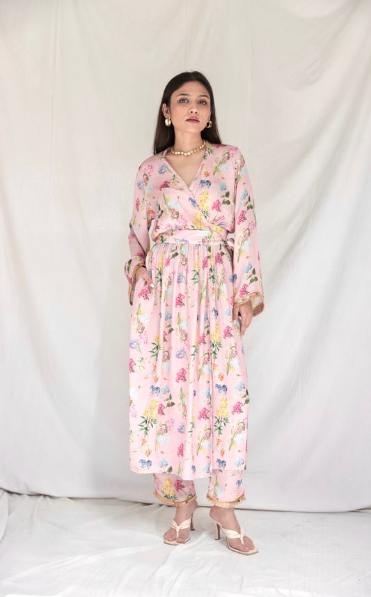 Dusty pink floral printed wrap kurta (with pockets) and pyjama pants with colourful lace and gold coin detailing