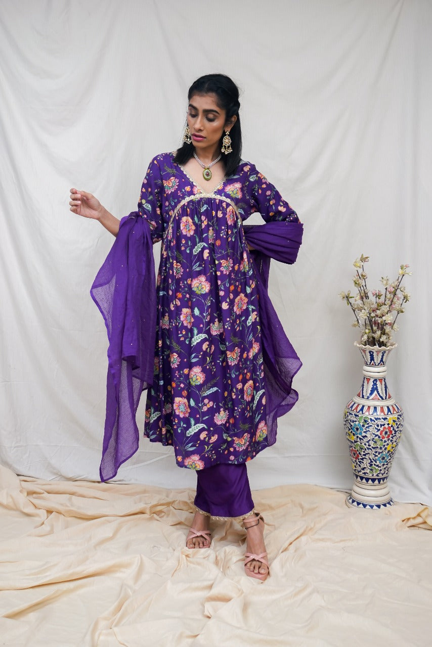 Deep purple embellished and gathered kurta, pyjama and dupatta