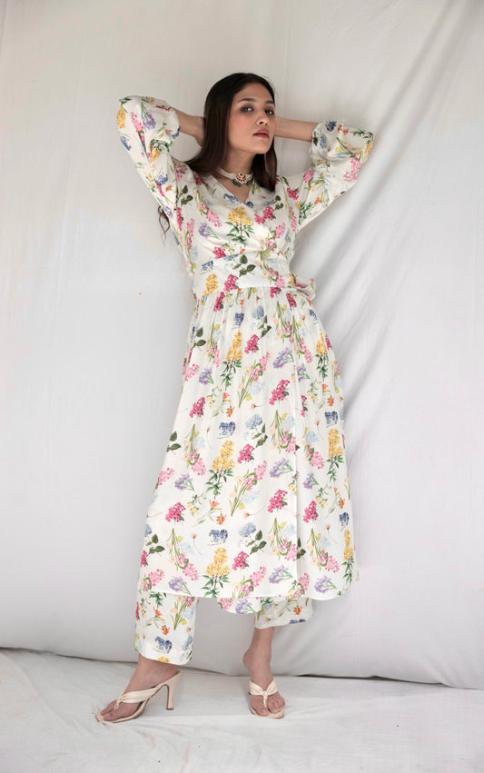 Floral printed ivory wrap kurta (with pockets) and pyjama pants