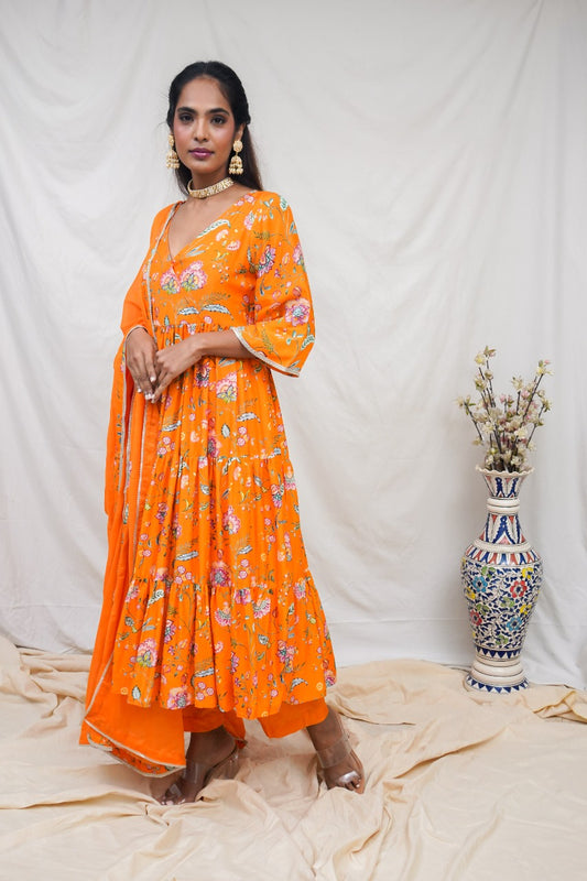 Orange layered kurta, pyjama and dupatta