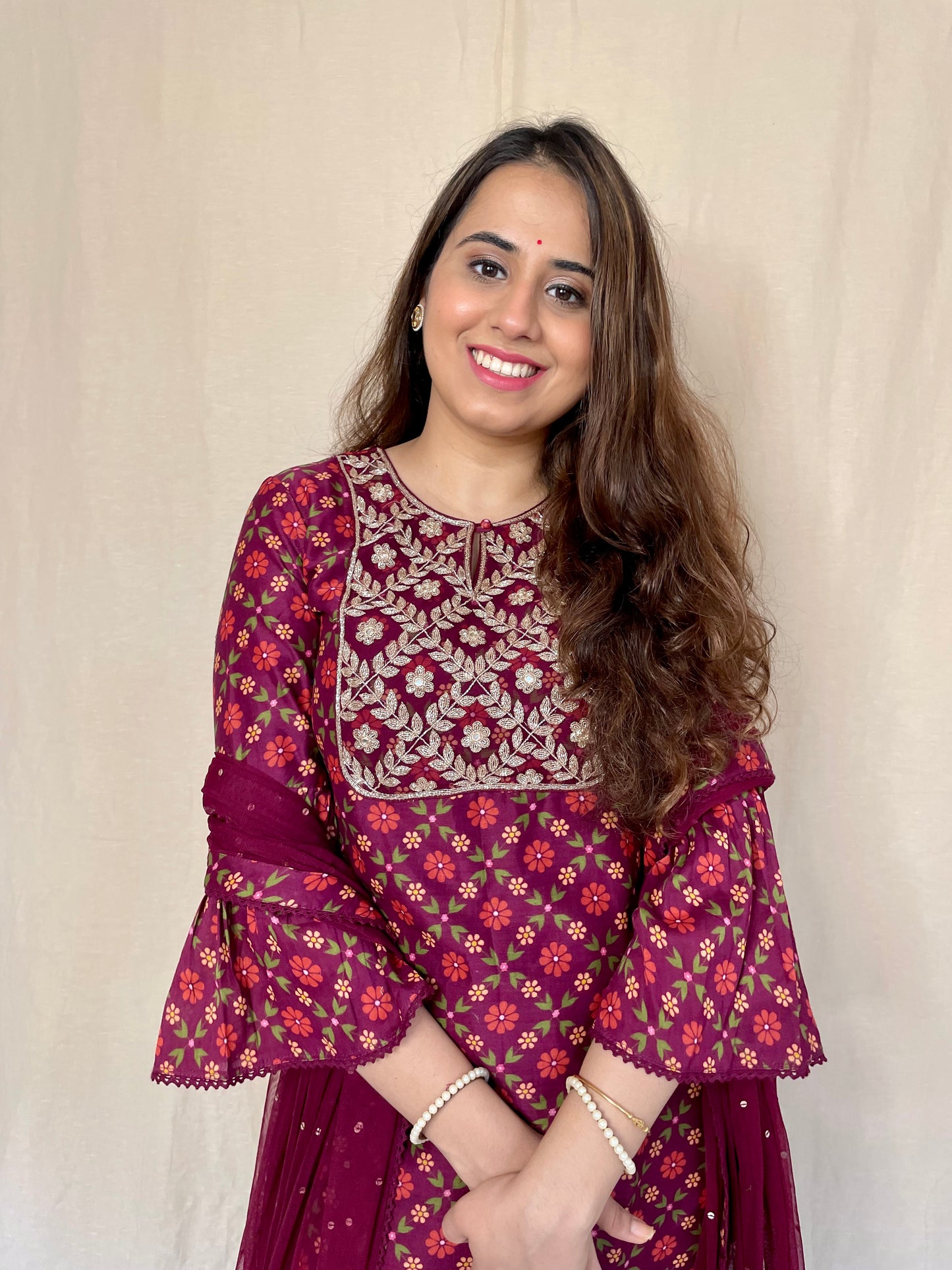 Wine red floral sharara set