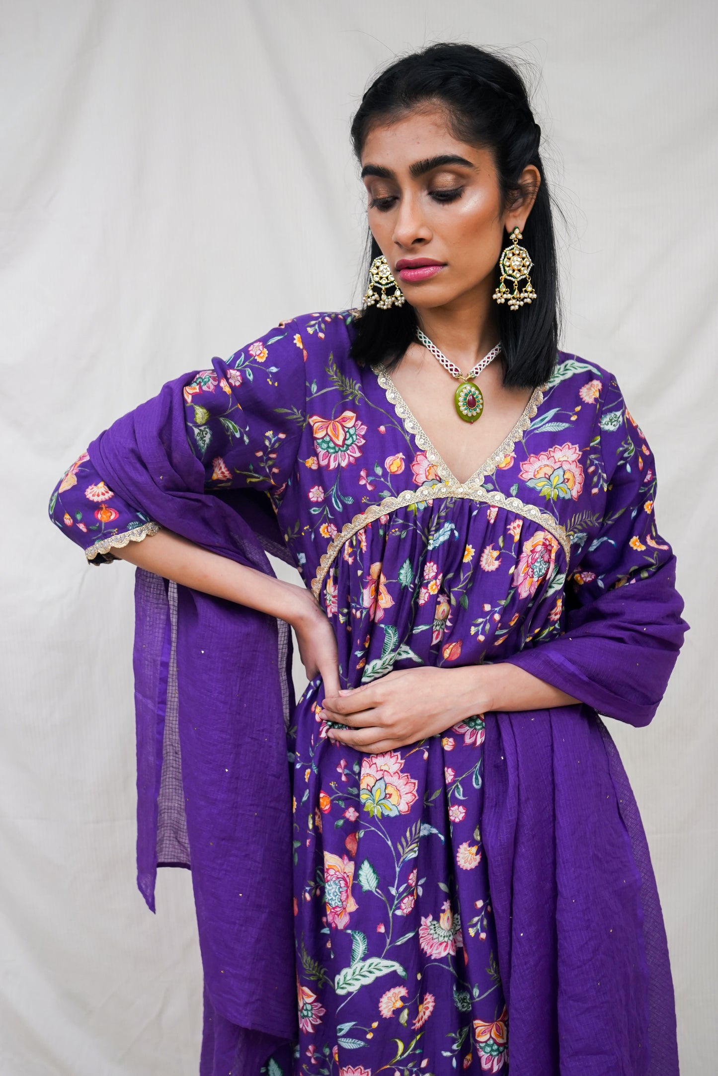 Deep purple embellished and gathered kurta, pyjama and dupatta