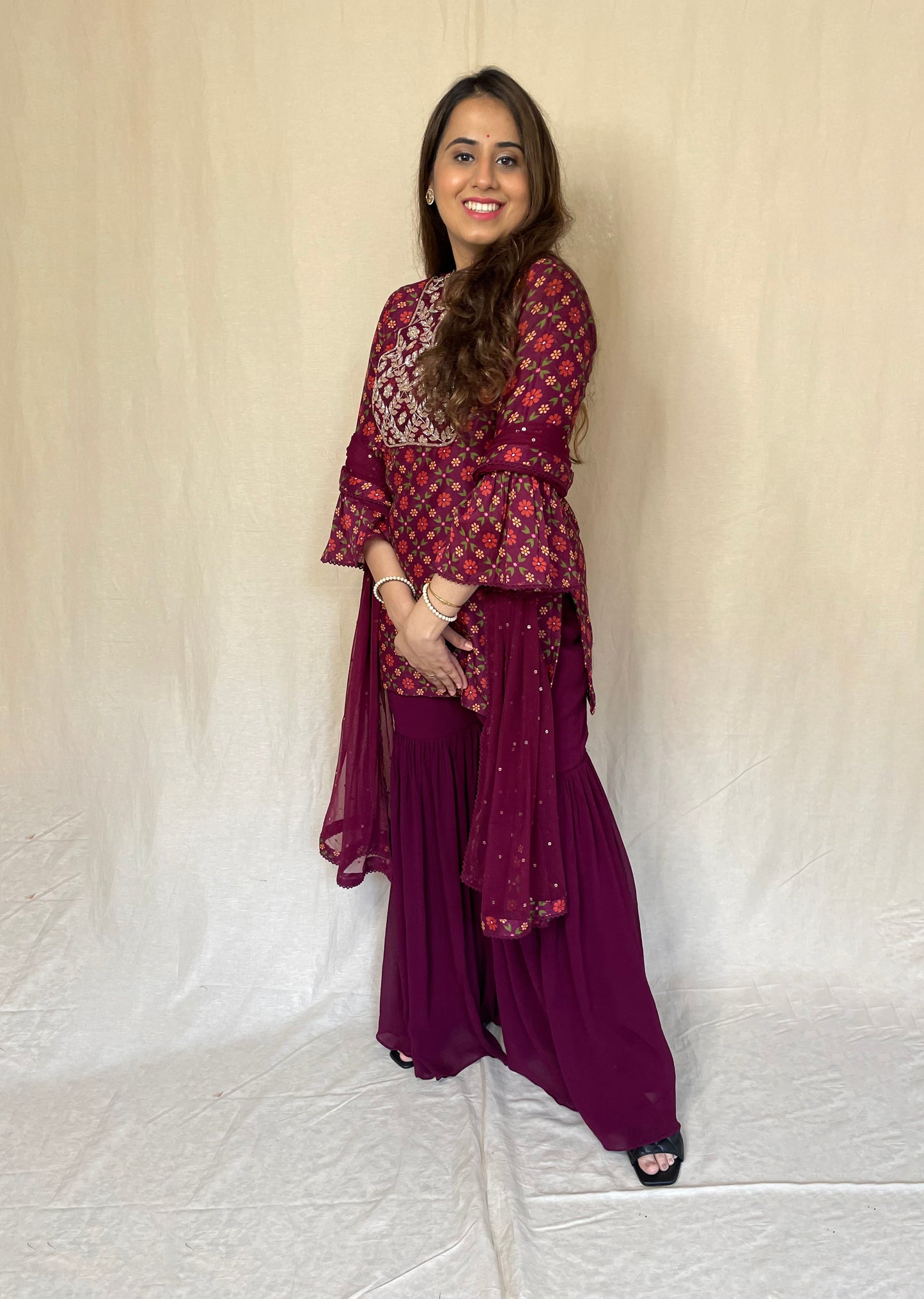 Wine red floral sharara set