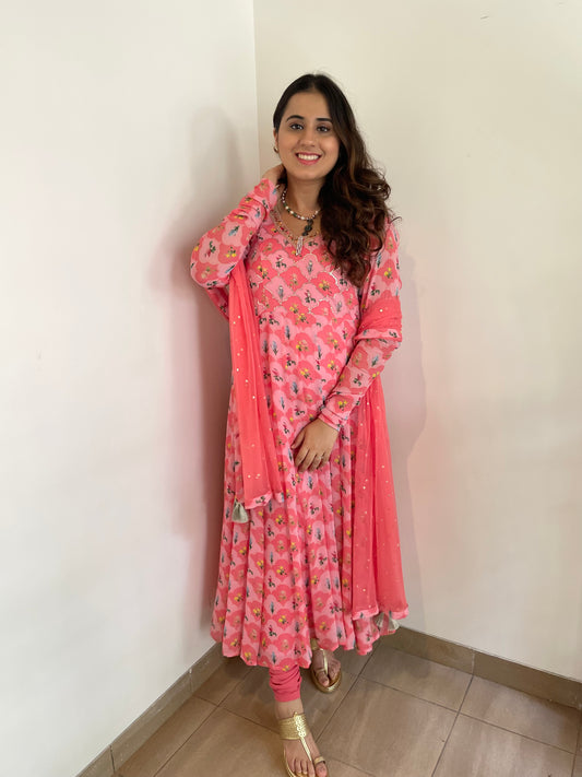 Pink floral printed anarkali set with an embellished bodice