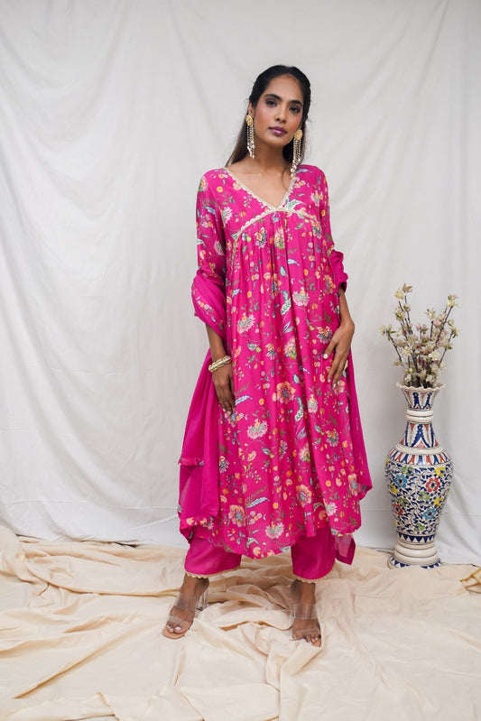 Hot pink gathered kurta, pyjama and dupatta