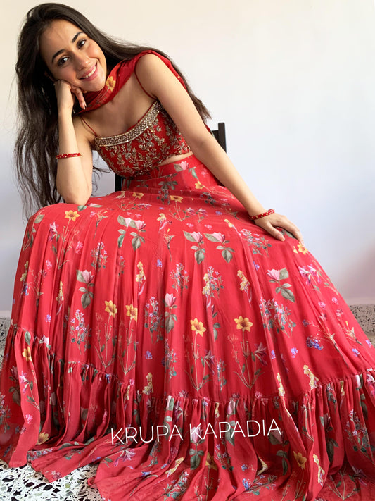 Red floral printed and hand embroidered lehenga