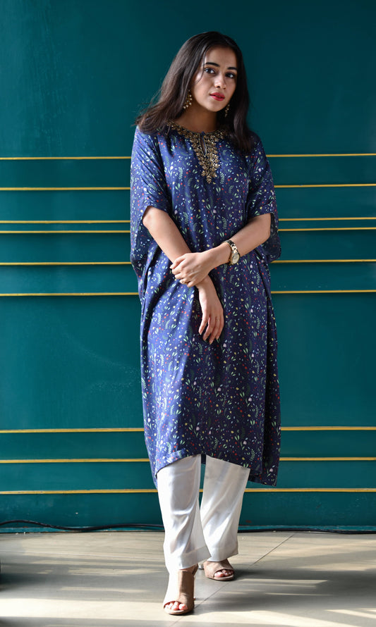 Navy blue floral printed cape kurta with a hand embroidered yoke and pyjama